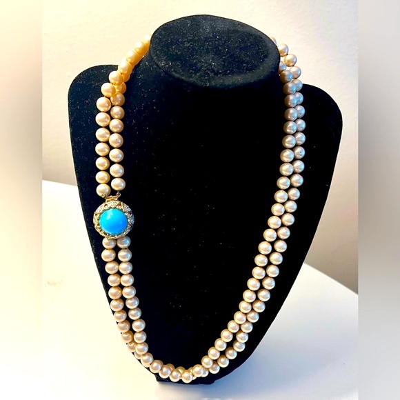 Jomaz Vintage Signed Double Strand Faux Pearl Necklace w/ Turquoise and Diamonds - Picture 1 of 11